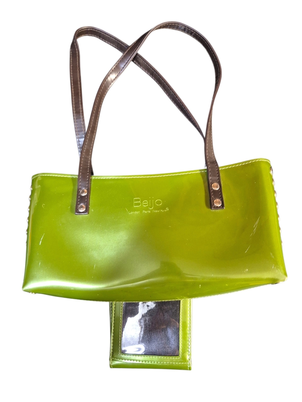 Beijo Bright Lime Patent Tote with Brown Straps